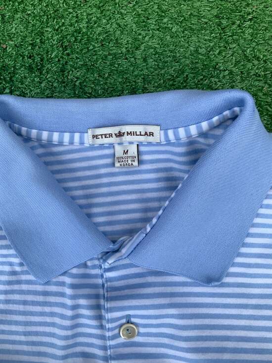 Peter Millar Men's Cornflower Blue and White Horizontal Striped Cotton Polo Shir - Picture 2 of 3